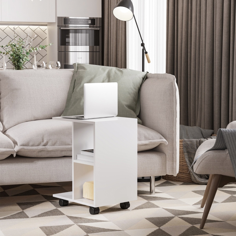 HOMCOM C-Shape Side Table with Storage Open Shelf, Coffee Table on Wheels for Home Office Studio White