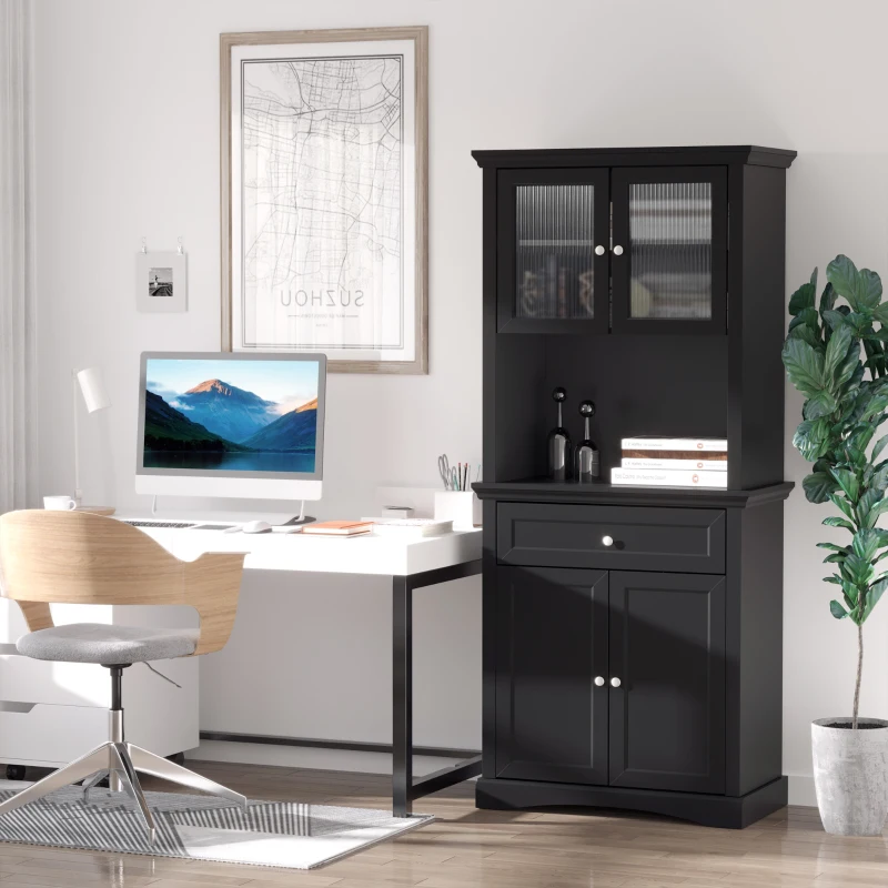 HOMCOM 71" Traditional Freestanding Kitchen Buffet with Hutch, Pantry Cabinet with 4 Doors, 3-Level Adjustable Shelves, and 1 Drawer, Black