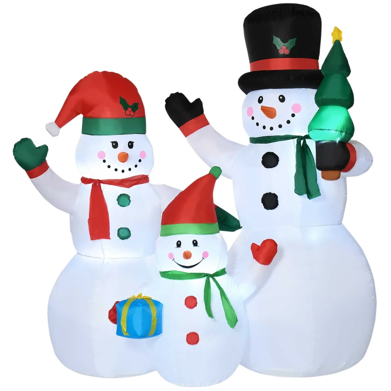 Outsunny 7ft Inflatable Christmas Snowman Family with Christmas Tree and Gift Box, Blow-Up Outdoor LED Yard Display for Lawn Garden Party