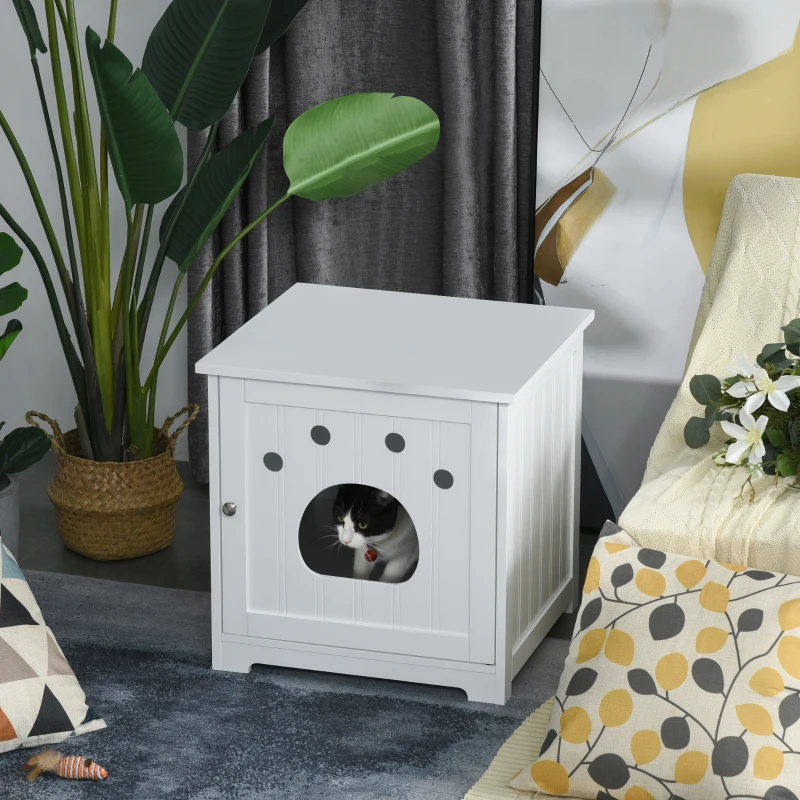 PawHut Wooden Cat Washroom Pet Litter Box Enclosure Kitten House Nightstand End Table Hideaway Cabinet with Magnetic Doors White