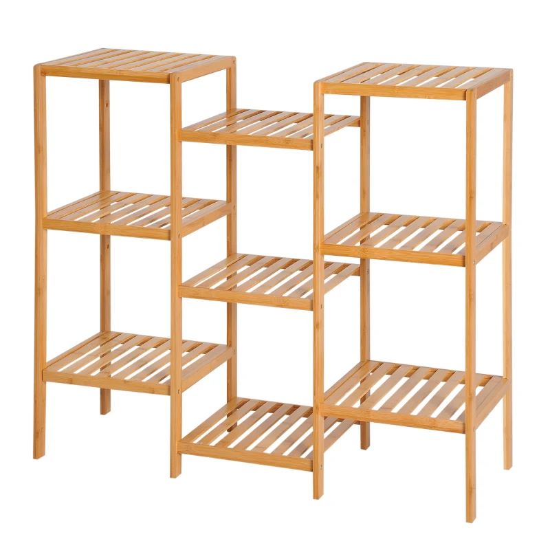 HOMCOM 9-Tier Bamboo Storage Shelf, Plant Stand, Utility Slatted Shelving Unit for Living Room, Balcony, Hallway, Bathroom, Natural