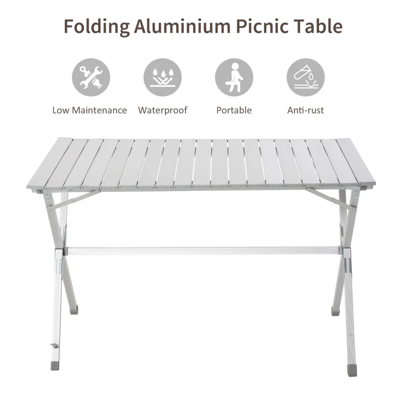 Outsunny 44"x27.5"x27.25" Aluminum Portable Picnic Table Folding Roll Up Top Aluminum Camp BBQ Table with Carrying Bag, Silver