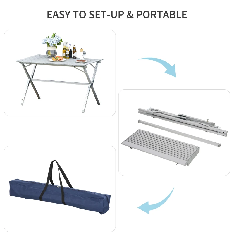 Outsunny 44"x27.5"x27.25" Aluminum Portable Picnic Table Folding Roll Up Top Aluminum Camp BBQ Table with Carrying Bag, Silver