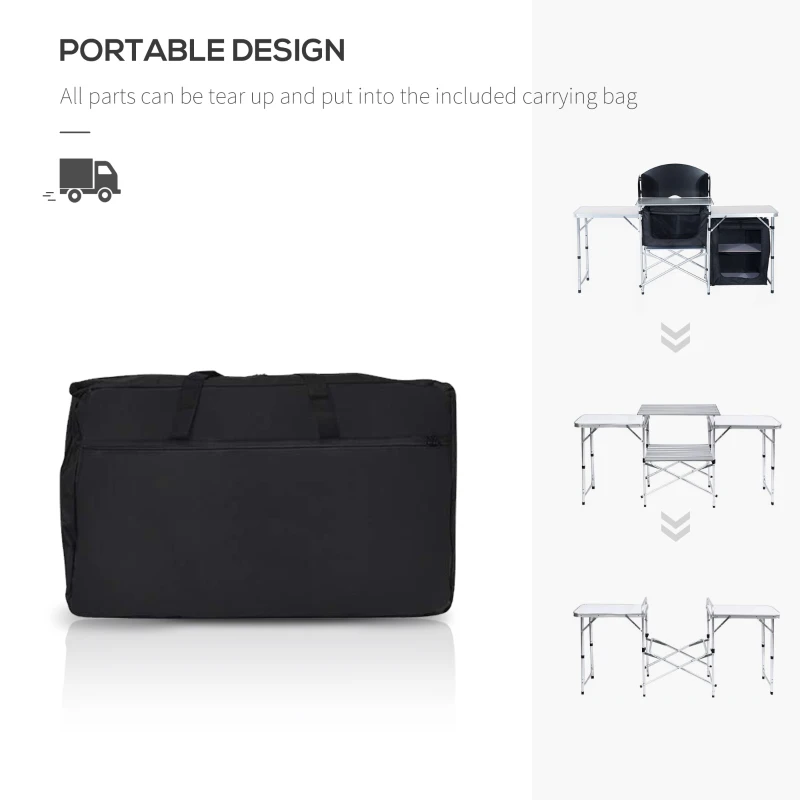 Outsunny Aluminum Portable Camping Kitchen Folding Outdoor Cooking Table With Windscreen and 3 Enclosed Cupboards for BBQ, Party, Picnics, Backyards