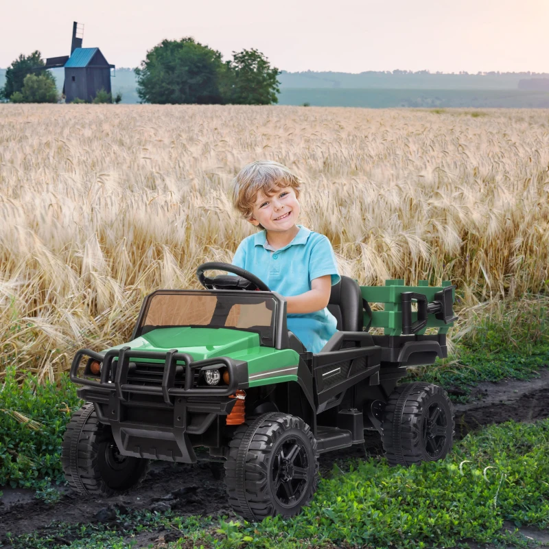 Aosom 12V Kids Ride-on Car Electric Truck Pickup Toy with Parent Remote Control and Trailer, MP3/USB Input for Music, Green