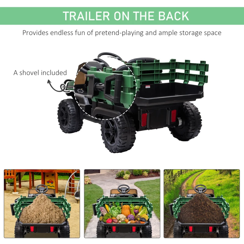 Aosom 12V Kids Ride-on Car Electric Truck Pickup Toy with Parent Remote Control and Trailer, MP3/USB Input for Music, Green