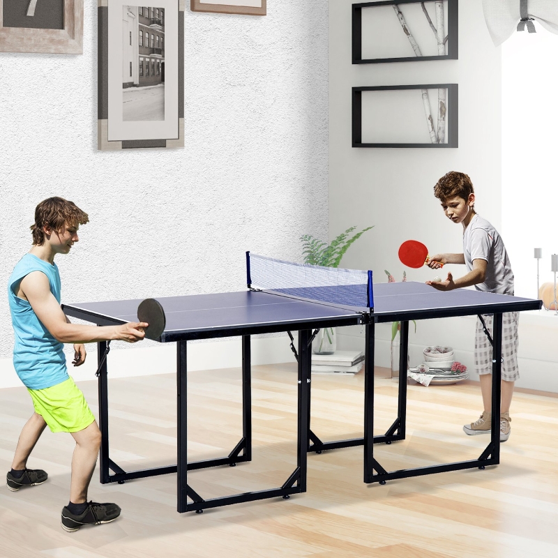 Soozier 6x3ft Compact Midsize Table Tennis Table Multi-Use Family Ping-pong Table Free Standing Folding Blue