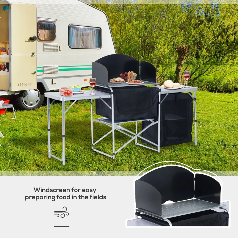 Outsunny Aluminum Portable Camping Kitchen Folding Outdoor Cooking Table With Windscreen and 3 Enclosed Cupboards for BBQ, Party, Picnics, Backyards