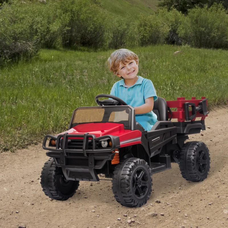 Aosom 12V Kids Ride-on Car Electric Truck Pickup Toy with Parent Remote Control and Trailer, MP3/USB Input for Music, Red