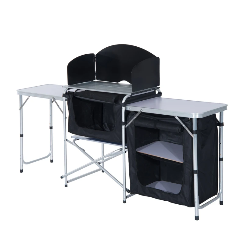 Outsunny Aluminum Portable Camping Kitchen Folding Outdoor Cooking Table With Windscreen and 3 Enclosed Cupboards for BBQ, Party, Picnics, Backyards