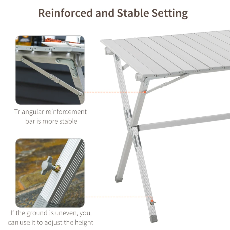 Outsunny 44"x27.5"x27.25" Aluminum Portable Picnic Table Folding Roll Up Top Aluminum Camp BBQ Table with Carrying Bag, Silver
