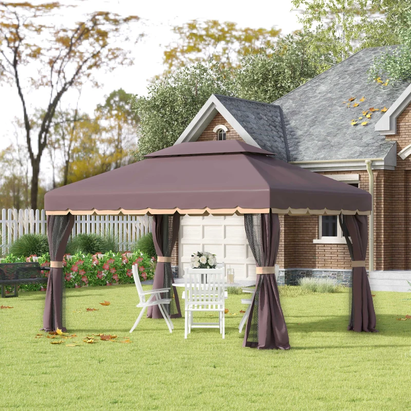 Outsunny 10"x 13" Steel Permanent Octagon Screened Garden Gazebo Kit - Coffee