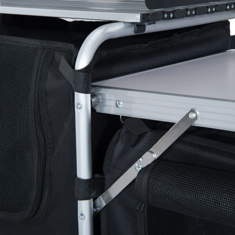 Outsunny Aluminum Portable Camping Kitchen Folding Outdoor Cooking Table With Windscreen and 3 Enclosed Cupboards for BBQ, Party, Picnics, Backyards