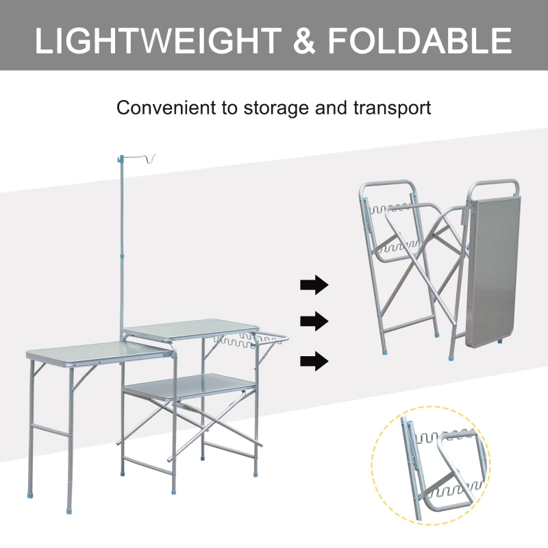 Outsunny Adjustable Outdoor Folding Camping Kitchen Garden BBQ Picnic Table, Silver