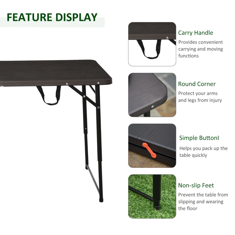 Outsunny 4ft Outdoor Folding Camping Table Height Adjustable Garden Backyards BBQ Party Picnic Table Coffee