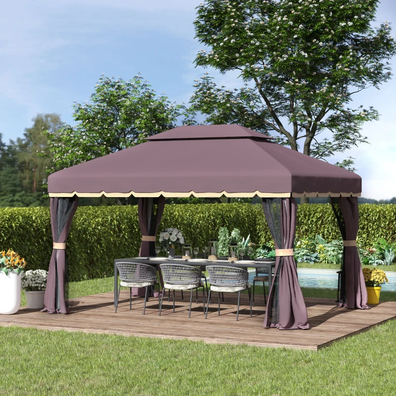 Outsunny 10"x 13" Steel Permanent Octagon Screened Garden Gazebo Kit - Coffee