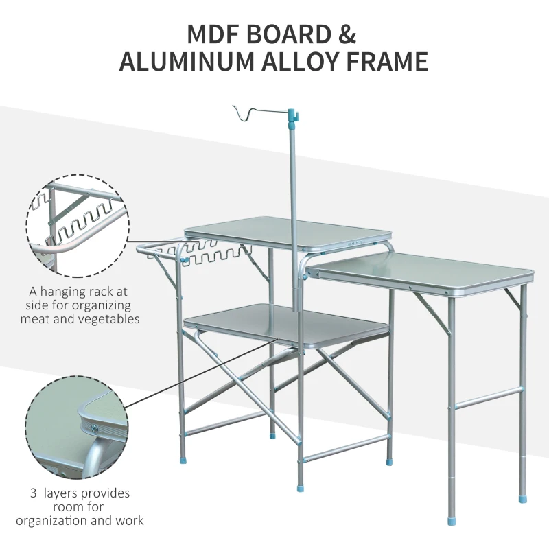 Outsunny Adjustable Outdoor Folding Camping Kitchen Garden BBQ Picnic Table, Silver