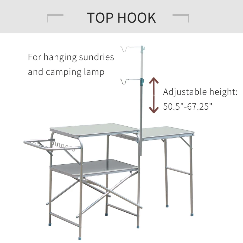 Outsunny Adjustable Outdoor Folding Camping Kitchen Garden BBQ Picnic Table, Silver