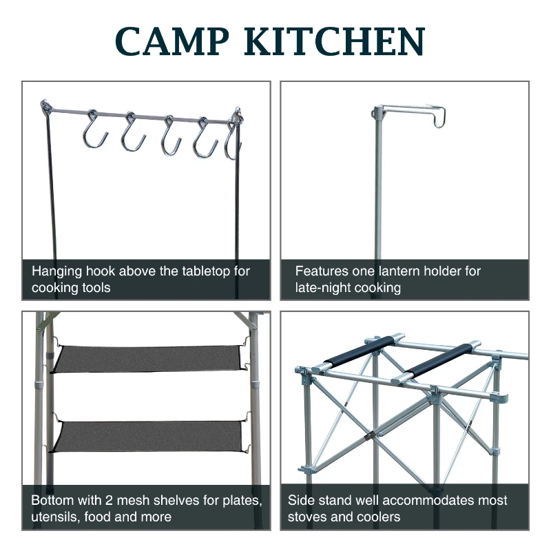 Outsunny Fold up Camp Kitchen Outdoor Cooking Table Portable Patio with Lantern Holder
