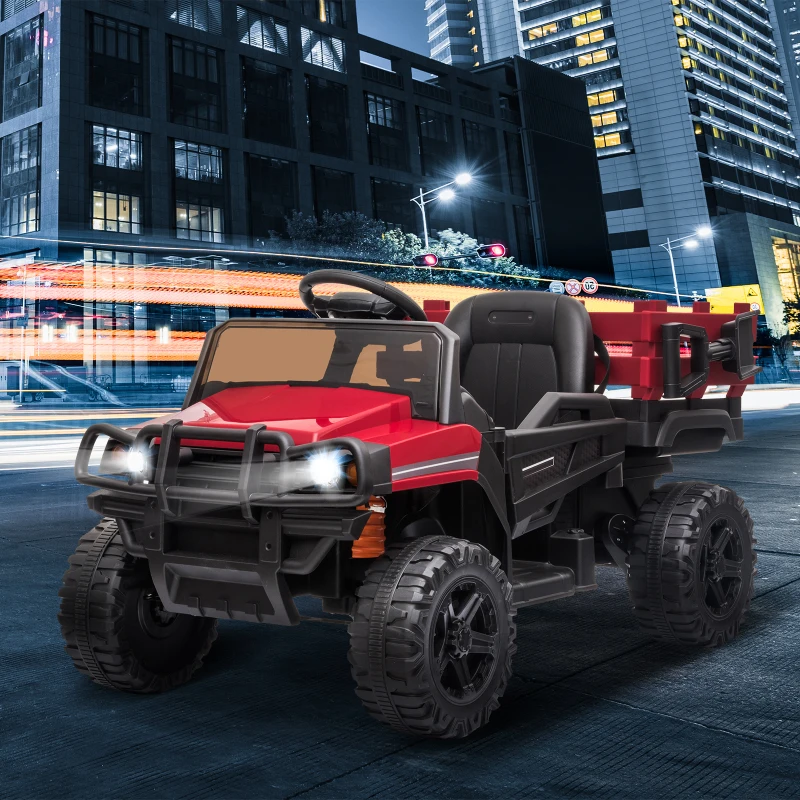 Aosom 12V Kids Ride-on Car Electric Truck Pickup Toy with Parent Remote Control and Trailer, MP3/USB Input for Music, Red