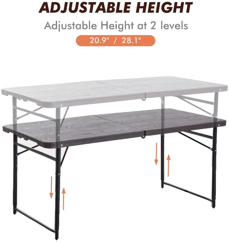 Outsunny 4ft Outdoor Folding Camping Table Height Adjustable Garden Backyards BBQ Party Picnic Table Coffee