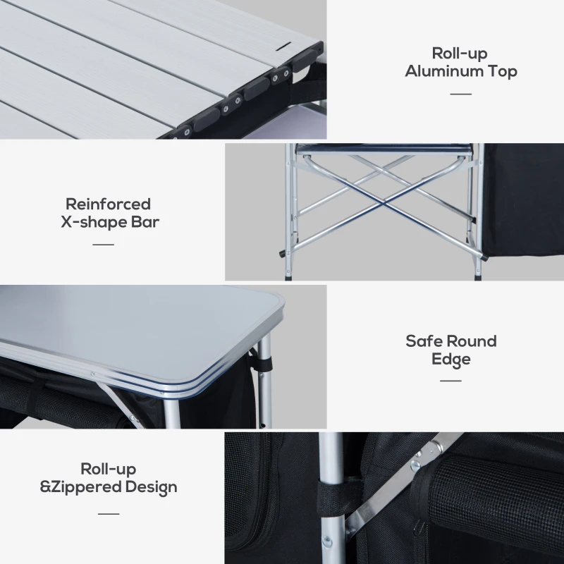 Outsunny Aluminum Portable Camping Kitchen Folding Outdoor Cooking Table With Windscreen and 3 Enclosed Cupboards for BBQ, Party, Picnics, Backyards