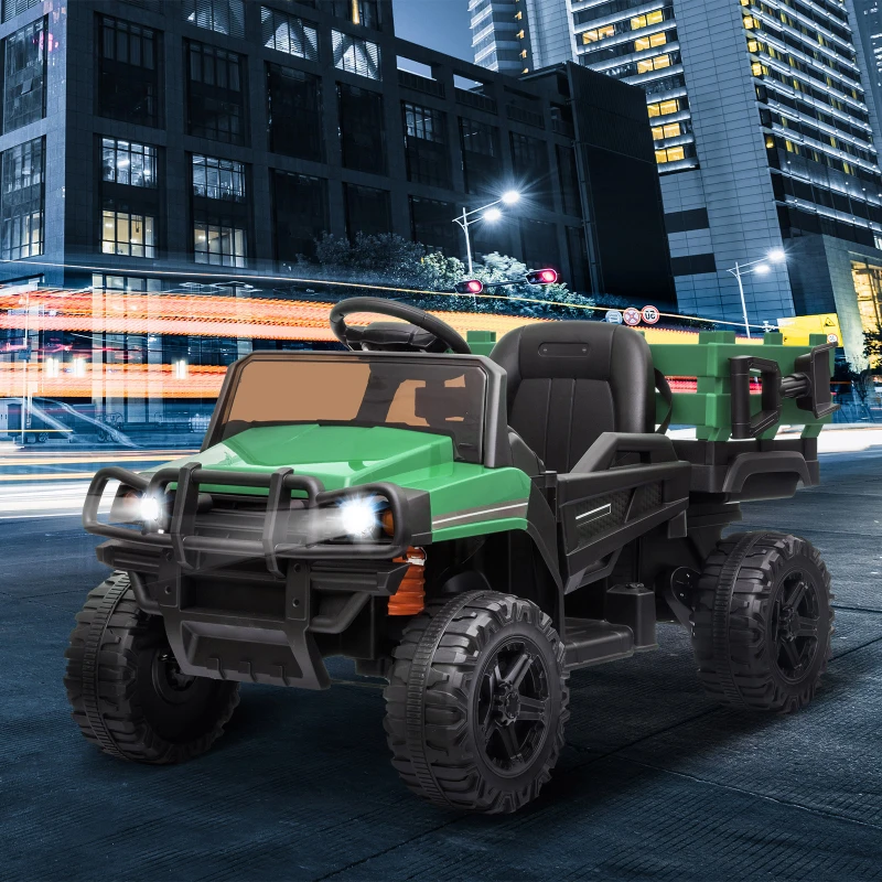 Aosom 12V Kids Ride-on Car Electric Truck Pickup Toy with Parent Remote Control and Trailer, MP3/USB Input for Music, Green