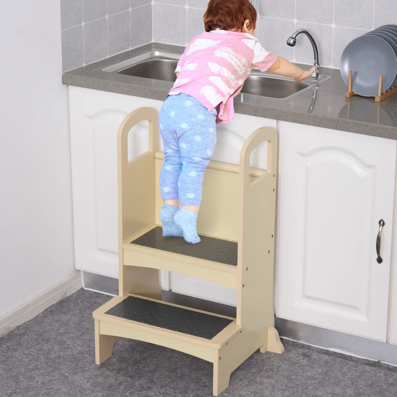 Qaba Toddler Tower Kitchen Helper for Children with 2 Non-Slip Steps and Support Handles - Natural
