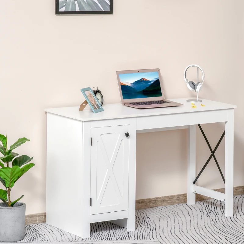 HOMCOM Home Office Computer Desk with Lower Storage Cabinet and X Bar Metal Frame, White