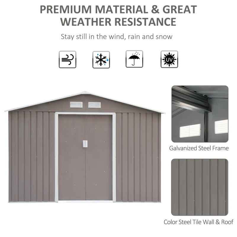 Outsunny 9' x 6' Outdoor Backyard Metal Garden Utility Storage Shed Garage Steel Tool Kit House with Sliding Door - Gray/White