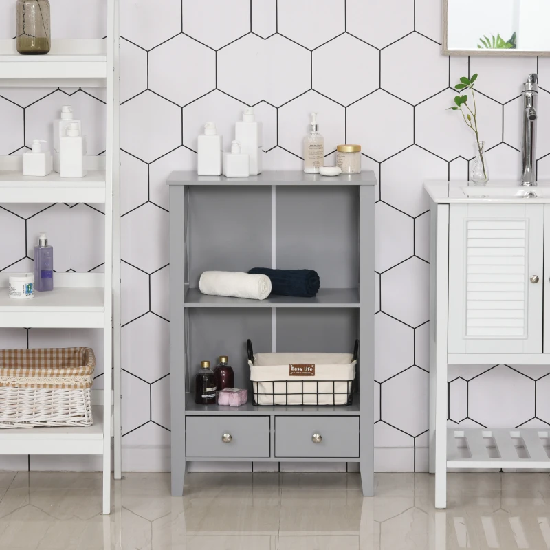 kleankin X- Frame Freestanding Floor Bathroom Storage with Two Drawers, Storage Organizer, Cabinet with 3 Shelves, Gray