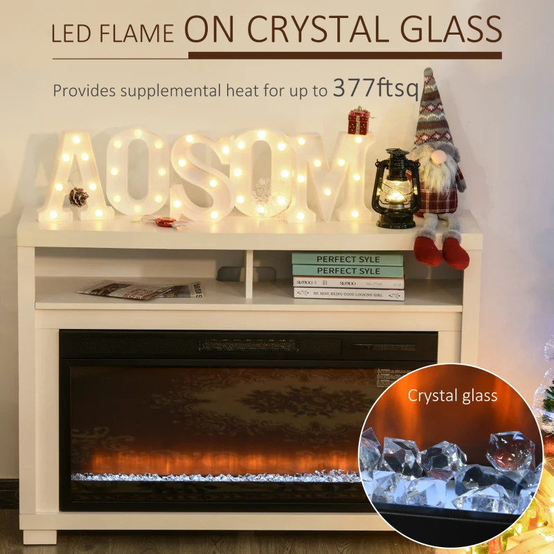 HOMCOM 43.75" W x 31.5" H Electric Fireplace Mantel TV Stand, Media Console Center Cabinet with Two Shelves and Remote Control, White