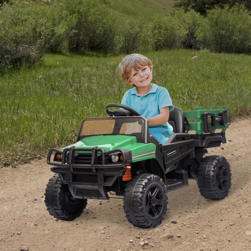 Aosom 12V Ride-on Truck Kids Car Pickup Toy with Parent Remote Control and Trailer, MP3/USB Input for Music, Green