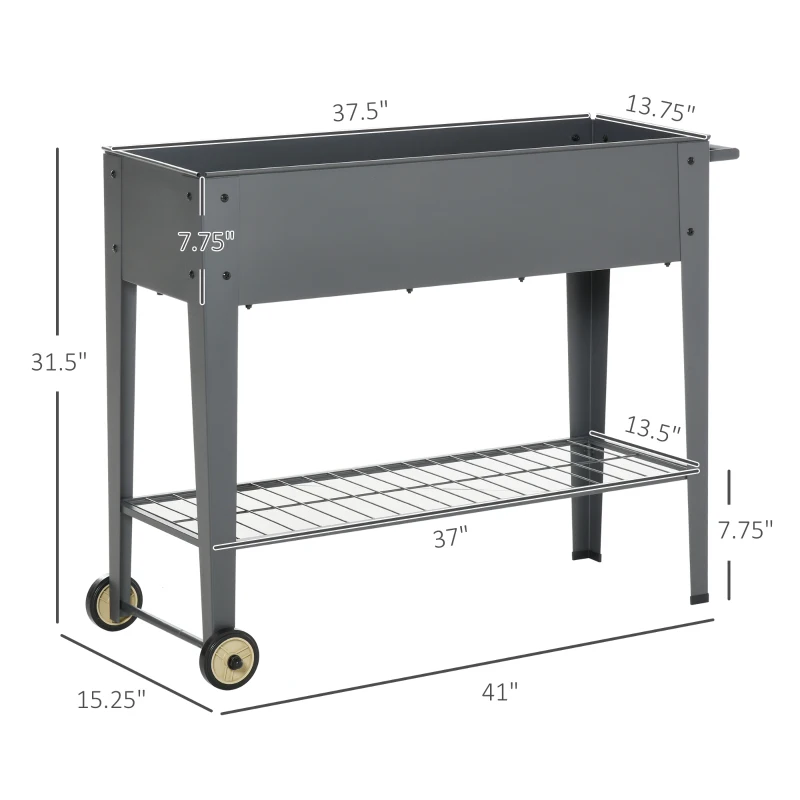Outsunny 43" x 17" x 32" Raised Garden Bed Elevated with Wheels, Metal Elevated Planter Box with Bottom Shelf for Storing Tools & Water Drainage Hole, Grey