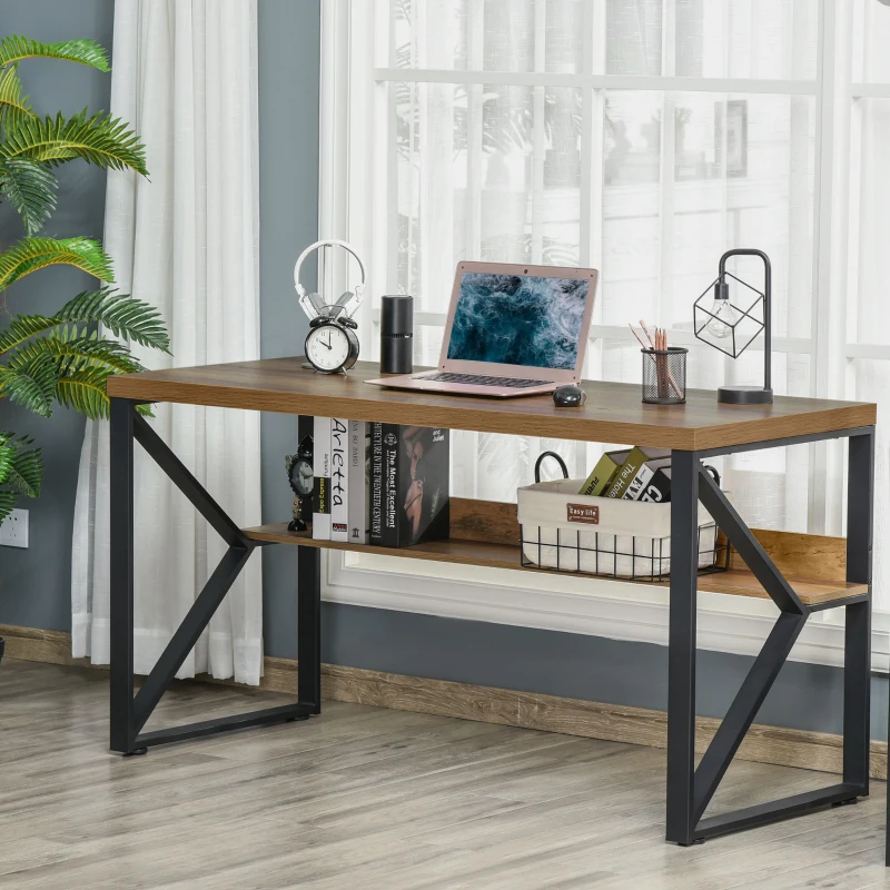 HOMCOM 55 Inch Industrial Writing Desk with Storage Shelf, Computer Desk with K-Shaped Steel Frame and Adjustable Footpads for Office, Black/Brown