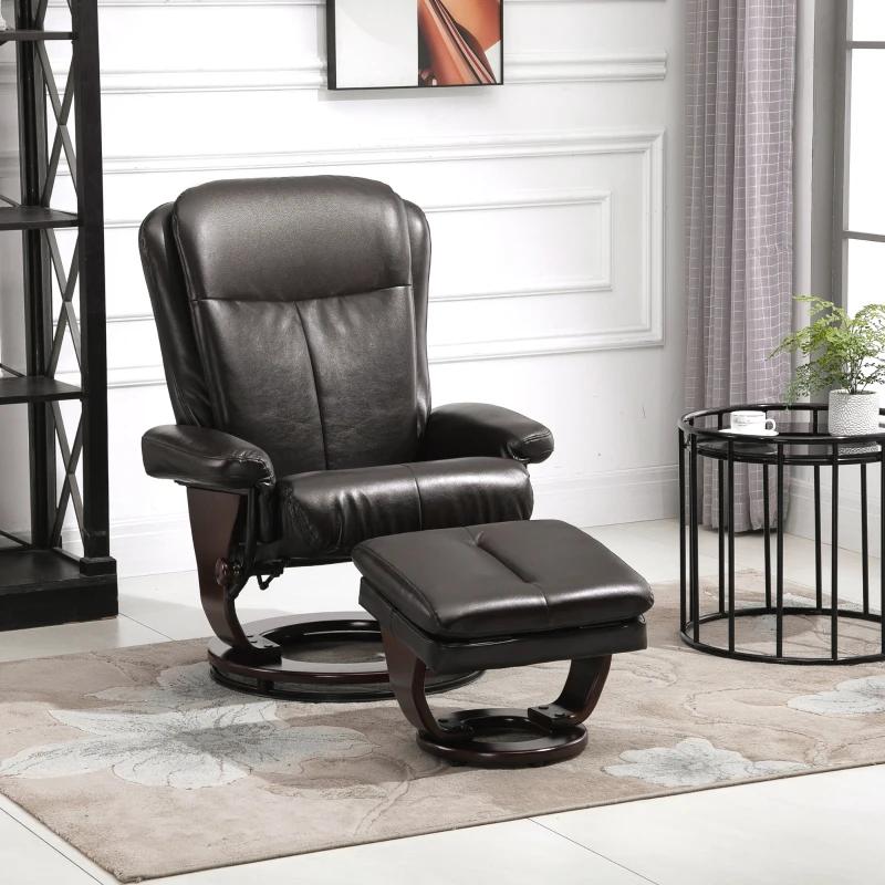 HOMCOM Swivel Recliner Chair Thick Padded with Storage Ottoman, Wrapped Wood Base & Faux Leather for Living Room, Bedroom, Office, Dark Brown