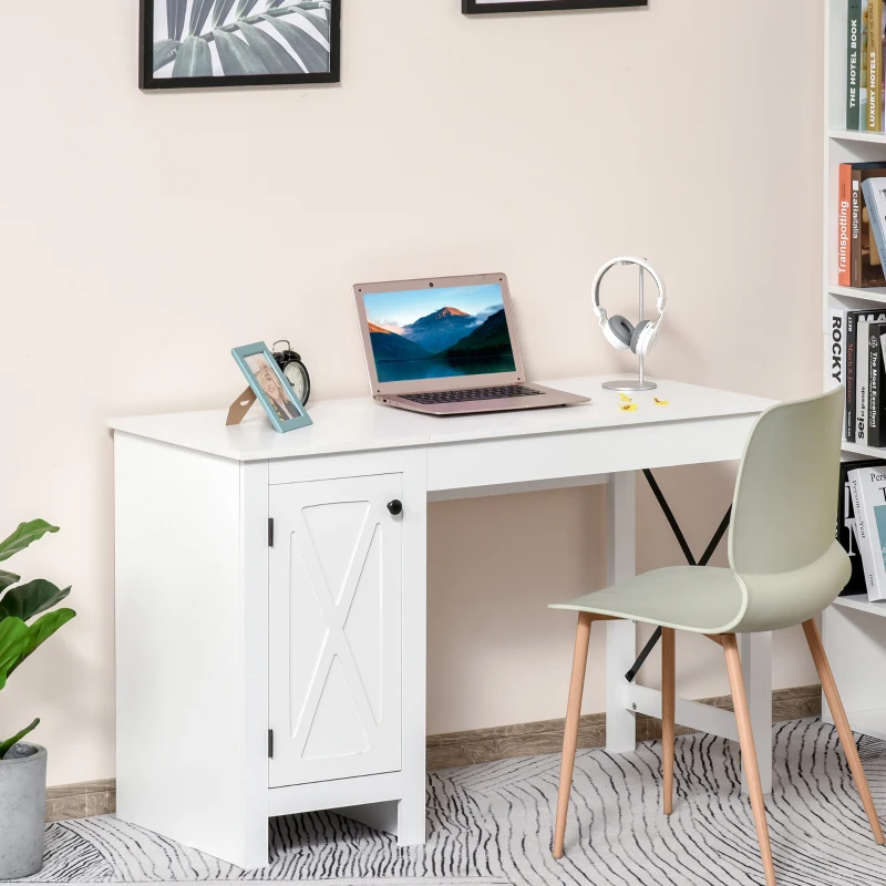 HOMCOM Home Office Computer Desk with Lower Storage Cabinet and X Bar Metal Frame, White