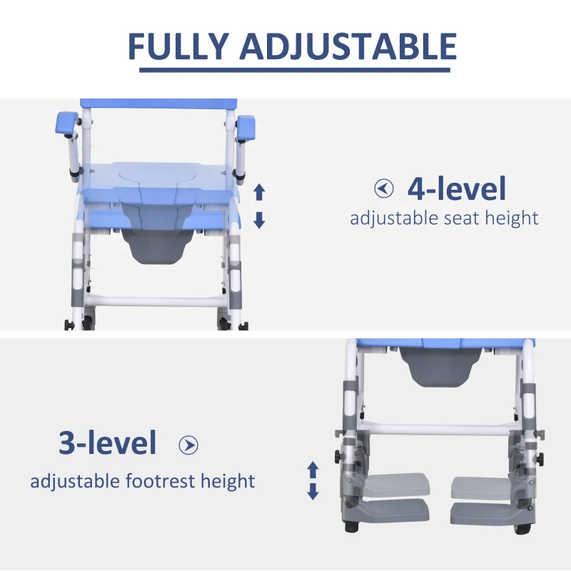 HOMCOM Accessibility Commode Wheelchair, Rolling Shower Wheelchair with 4 Castor Wheels, Rectangle Detachable Bucket, & Waterproof Design, 17" Seat Width, Blue