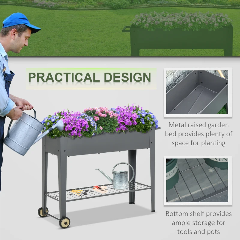 Outsunny 43" x 17" x 32" Raised Garden Bed Elevated with Wheels, Metal Elevated Planter Box with Bottom Shelf for Storing Tools & Water Drainage Hole, Grey
