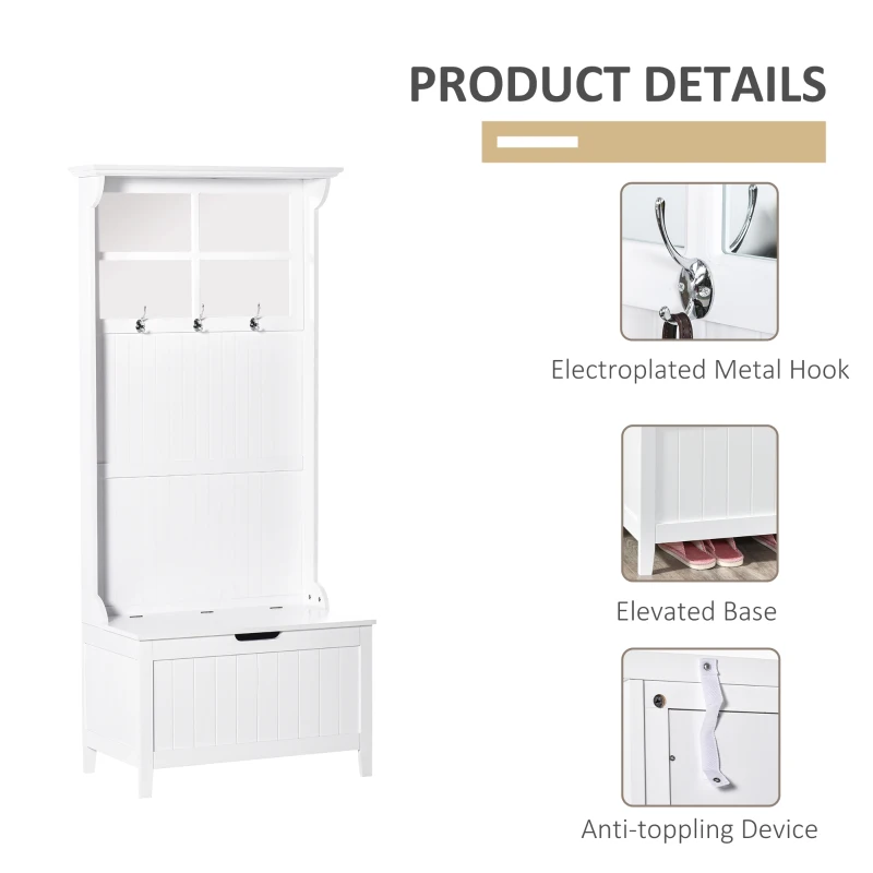 HOMCOM Coat Rack Shoe Bench with Storage 4 In 1 Hall Tree for Entryway Hallway Organizer with Cabinet 3 Hooks Mirrors White