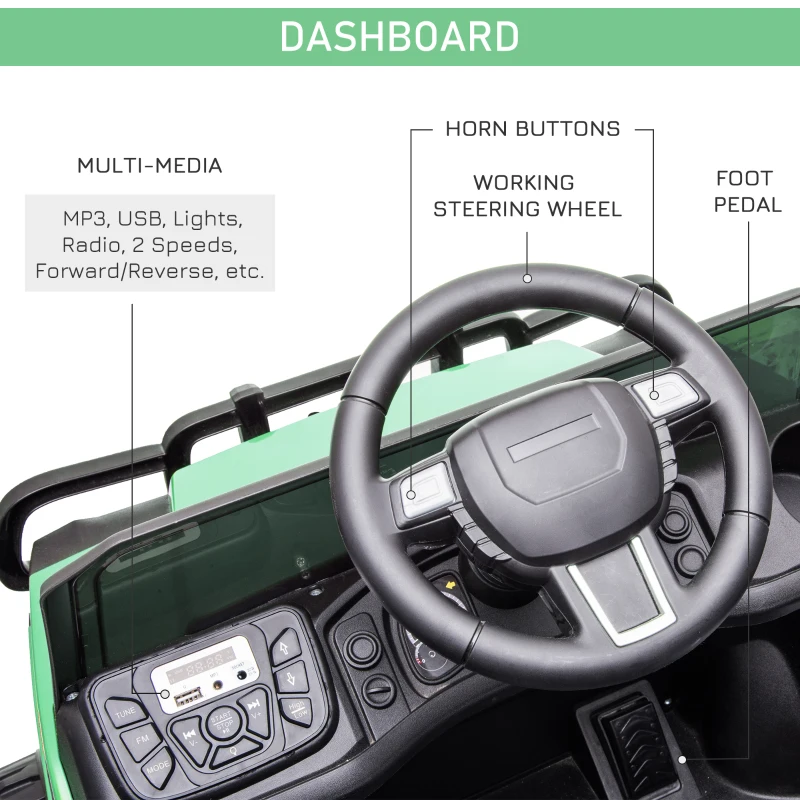 Aosom 12V Kids Ride-on Car Electric Truck Pickup Toy with Parent Remote Control and Trailer, MP3/USB Input for Music, Green