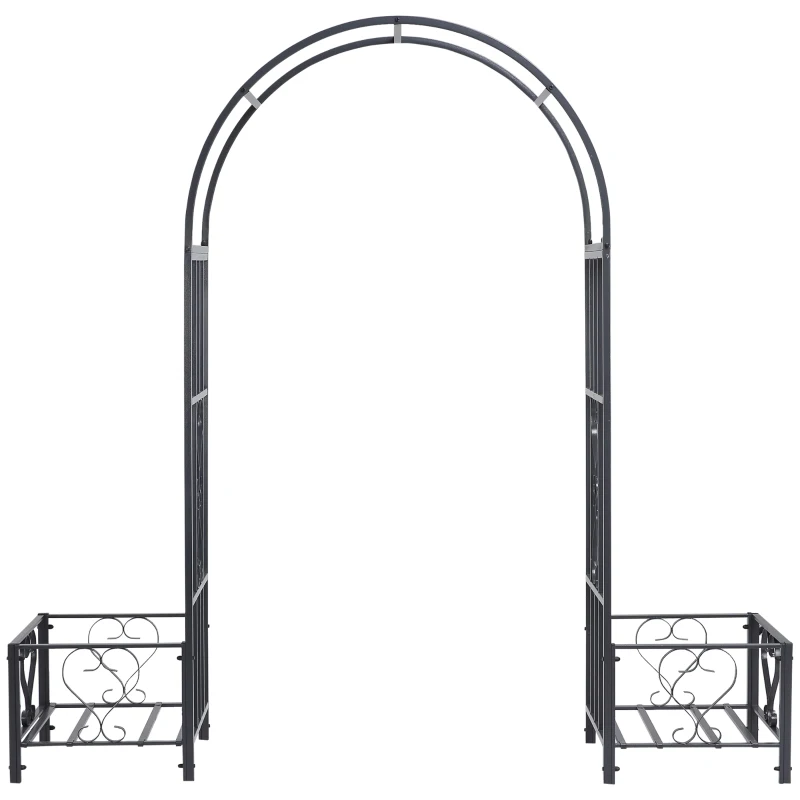 Outsunny 6.7' Steel Garden Arch Arbor with Scrollwork Hearts, Planter Boxes for Climbing Vines, Ceremony, Weddings, Party, Backyard, Lawn, Gray