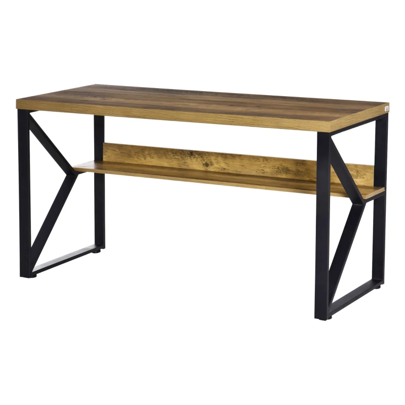 HOMCOM 55 Inch Industrial Writing Desk with Storage Shelf, Computer Desk with K-Shaped Steel Frame and Adjustable Footpads for Office, Black/Brown