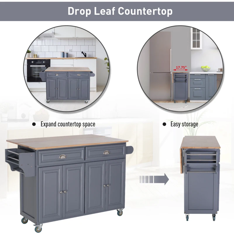 HOMCOM Rolling Kitchen Island on Wheels Ultility Cart with Drop-Leaf and Rubber Wood Countertop, Storage Drawer, Door Cabinet, Grey