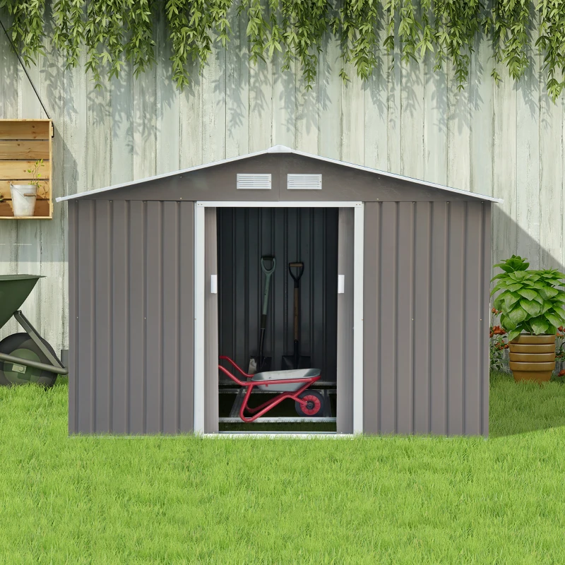 Outsunny 9' x 6' Outdoor Backyard Metal Garden Utility Storage Shed Garage Steel Tool Kit House with Sliding Door - Gray/White