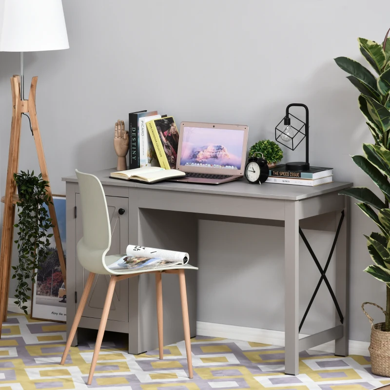 HOMCOM Home Office Writing Desk with Lower Storage Cabinet and X Bar Metal Frame, Grey