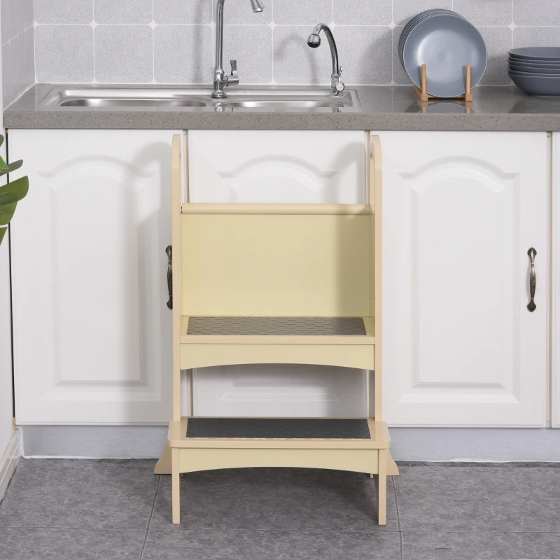 Qaba Toddler Tower Kitchen Helper for Children with 2 Non-Slip Steps and Support Handles - Natural