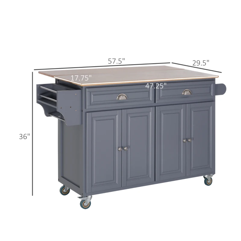 HOMCOM Rolling Kitchen Island on Wheels Ultility Cart with Drop-Leaf and Rubber Wood Countertop, Storage Drawer, Door Cabinet, Grey