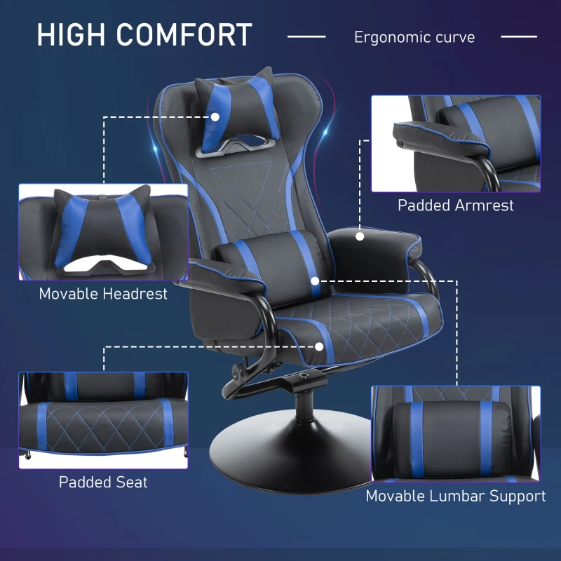 Vinsetto High Back Video Gaming Recliner with Ottoman, Racing Style PC Computer Office Chair, Swivel with Headrest & Lumbar Support, Adjustable Height, Black/Blue