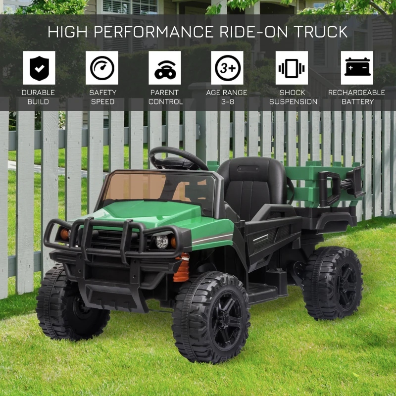 Aosom 12V Kids Ride-on Car Electric Truck Pickup Toy with Parent Remote Control and Trailer, MP3/USB Input for Music, Green